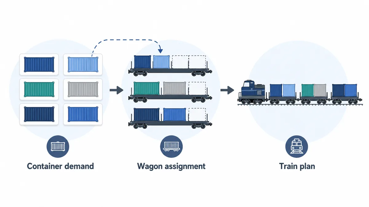 Workflow diagram showing container demand being transformed into wagon assignments and a final train plan