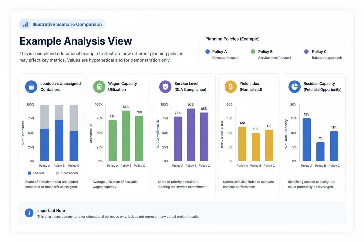 Illustrative scenario comparison dashboard using dummy data for rail loading planning policies